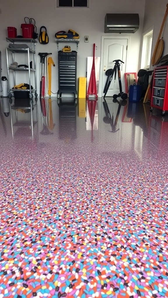 Brightly colored chips flooring in a garage, showcasing a glossy epoxy surface.